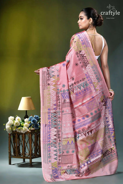 Venetian red multicolor thread handcrafted silk lambani saree pink silk saree intricate geometric 5