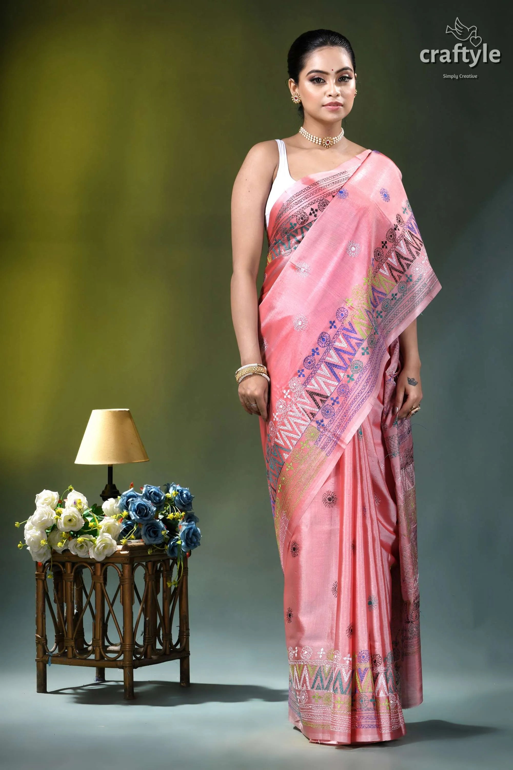 Venetian red multicolor thread handcrafted silk lambani saree soft pink silk saree intricate 4