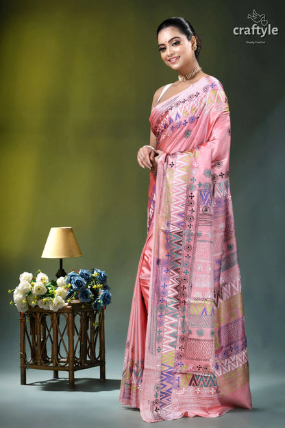 Venetian red multicolor thread handcrafted silk lambani saree woman wears pink silk saree 3