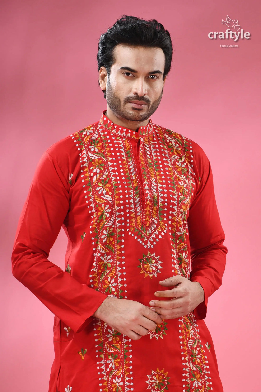 Venetian red multithread kantha work menās cotton punjabi red embroidered menās kurta 2