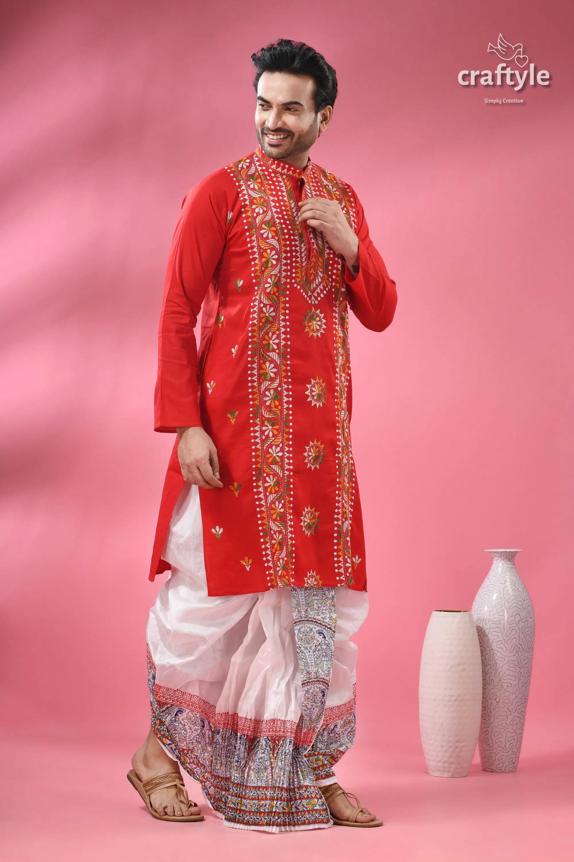 Venetian red multithread kantha work men’s cotton punjabi men’s red embroidered kurta white 3