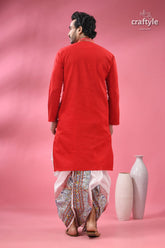 Venetian red multithread kantha work men’s cotton punjabi red kurta white colorful printed 7