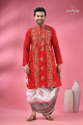 Venetian red multithread kantha work men’s cotton punjabi men’s red embroidered kurta white 5