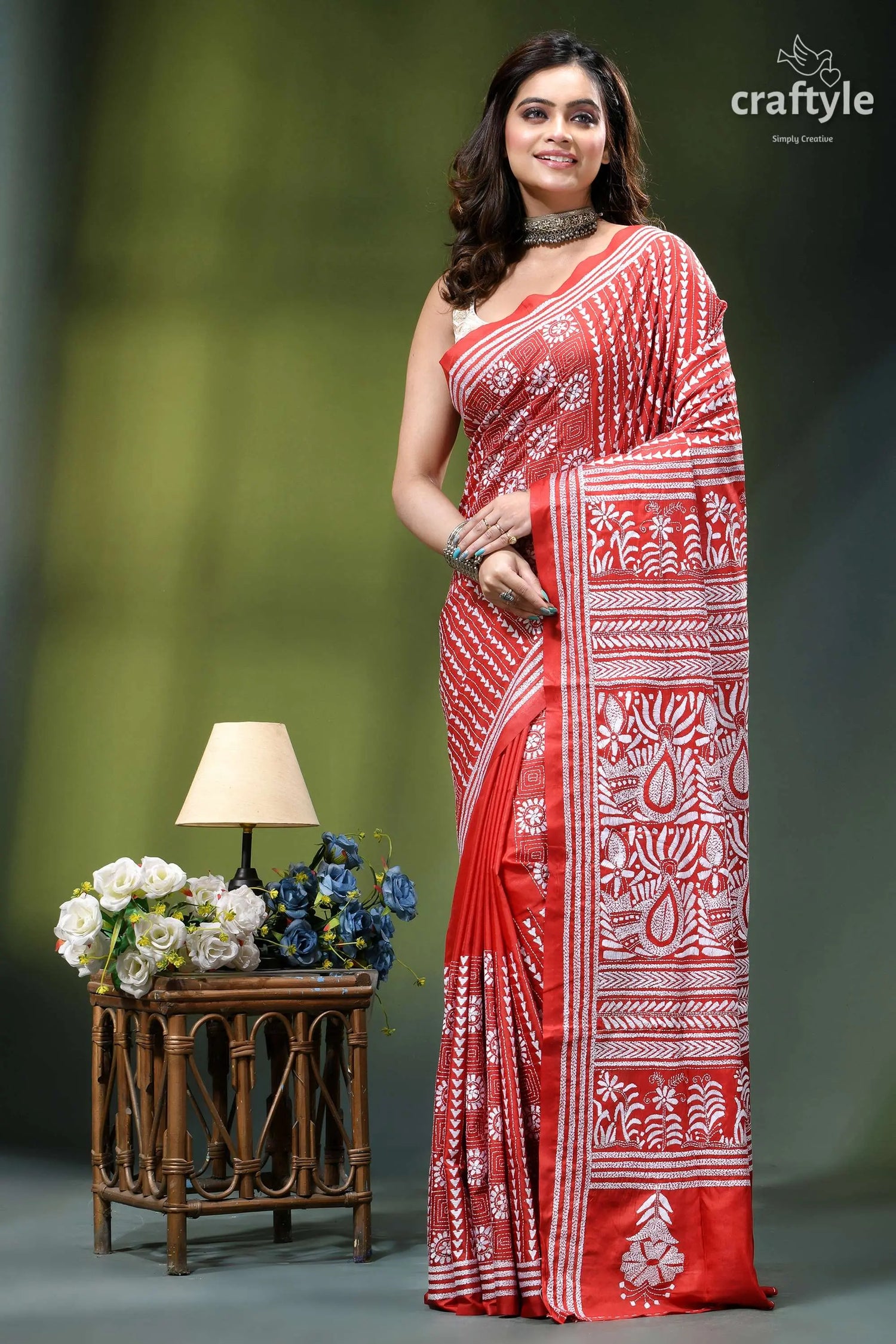 Venetian red white thread work bengal silk kantha stitch saree vibrant red saree intricate white 1