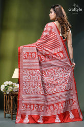 Venetian red white thread work bengal silk kantha stitch saree red white patterned saree intricate 5