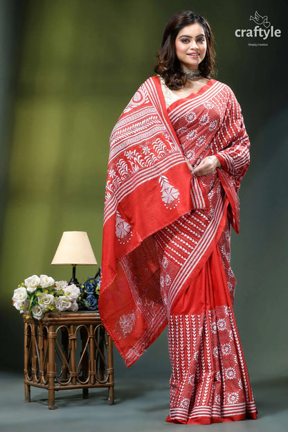 Venetian red white thread work bengal silk kantha stitch saree vibrant red white patterned saree 4