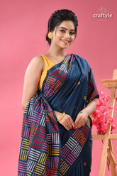 Venice blue gujrati stitched beautiful silk saree dark blue saree colorful geometric 2
