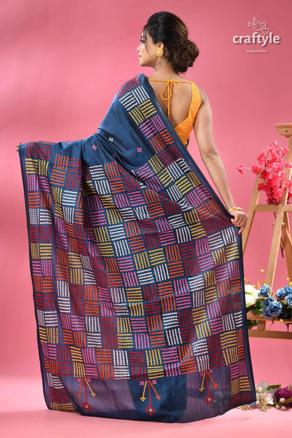 Venice blue gujrati stitched beautiful silk saree navy blue sari colorful checkered 5