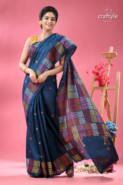 Venice blue gujrati stitched beautiful silk saree woman dark blue saree colorful 4