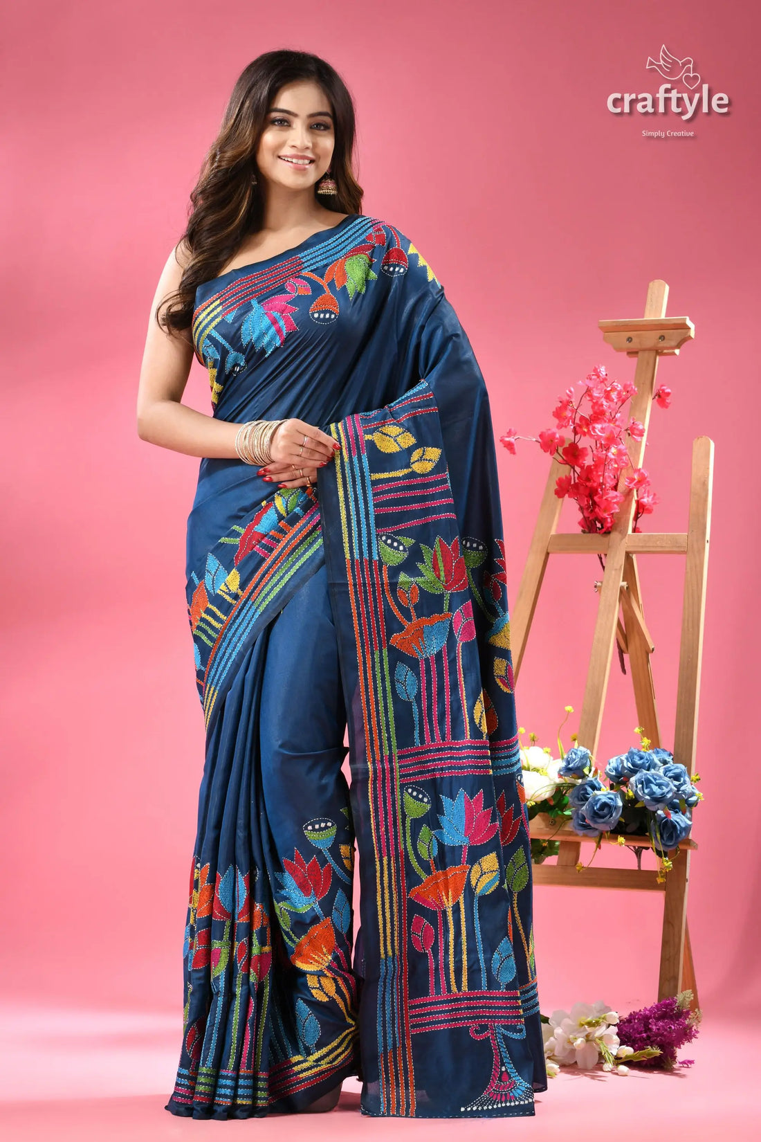 Venice blue lotus design kantha embroidery silk sari woman navy blue saree vibrant 1