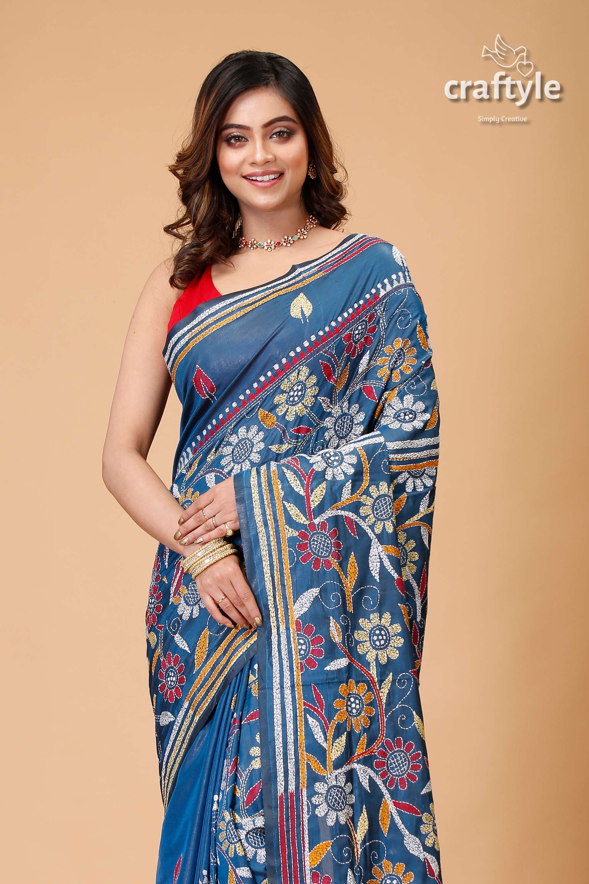 Venice Blue Multithread Silk Kantha Work Saree-Craftyle