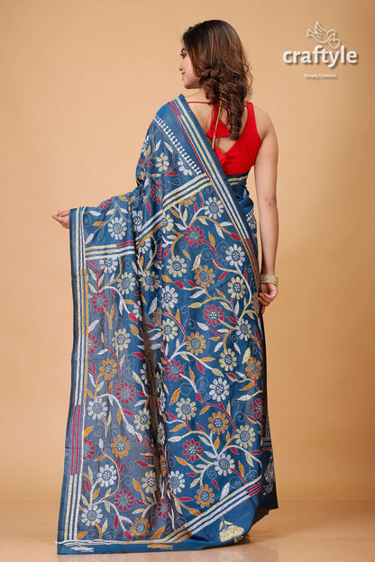 Venice Blue Multithread Silk Kantha Work Saree-Craftyle