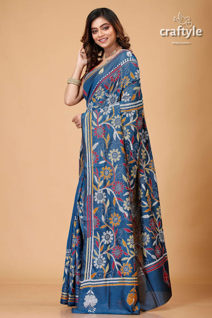 Venice Blue Multithread Silk Kantha Work Saree-Craftyle