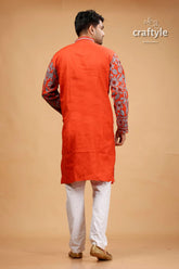Vermilion hand kantha work cotton ethnic punjabi for men orange kurta floral patterned sleeves 5
