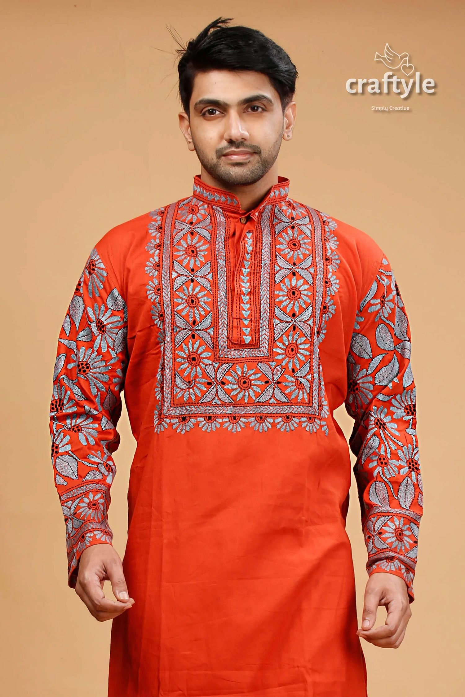 Vermilion hand kantha work cotton ethnic punjabi for men vibrant orange kurta intricate red 2