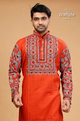Vermilion hand kantha work cotton ethnic punjabi for men vibrant orange kurta intricate red 2