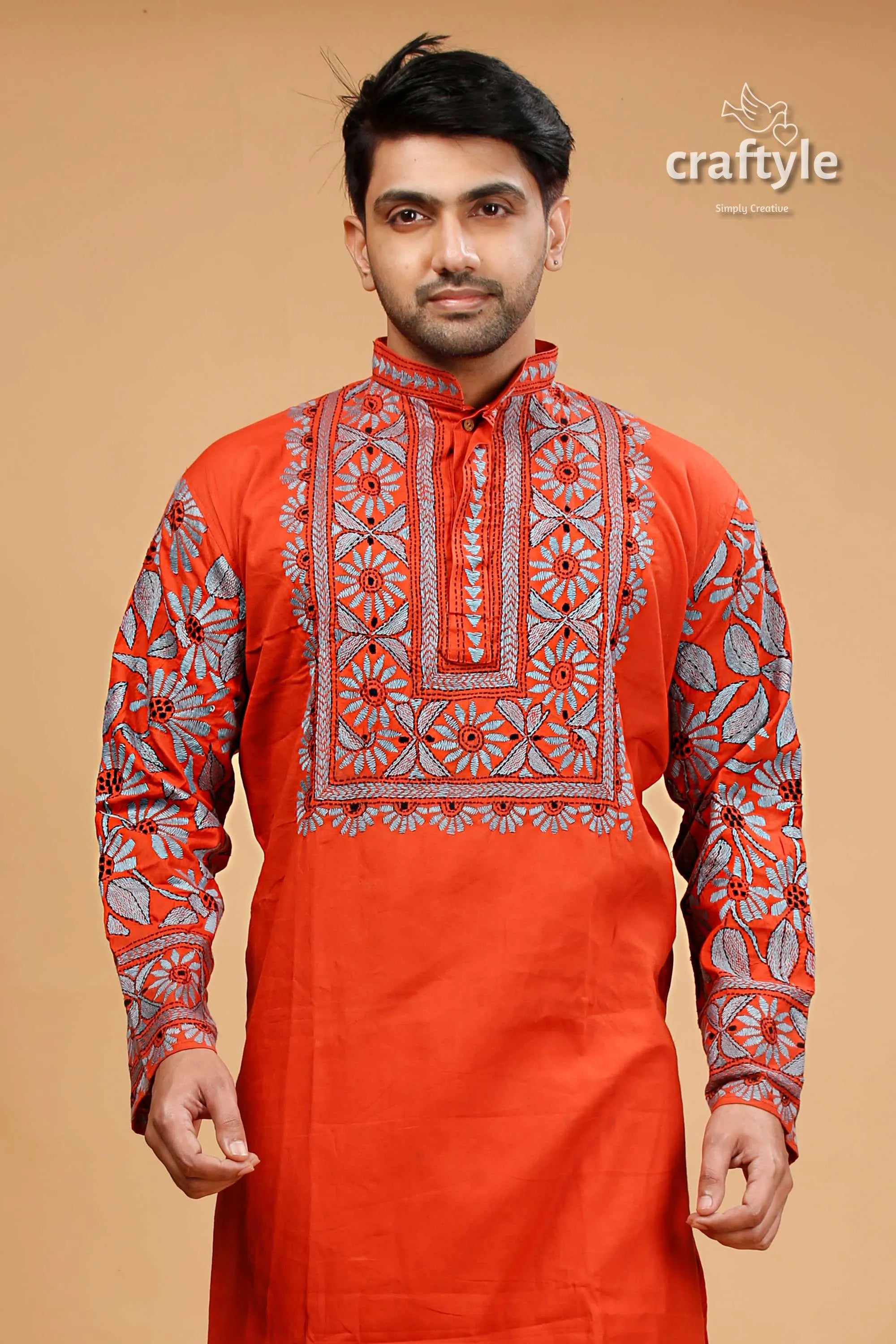 Vermilion hand kantha work cotton ethnic punjabi for men vibrant orange kurta intricate red 2