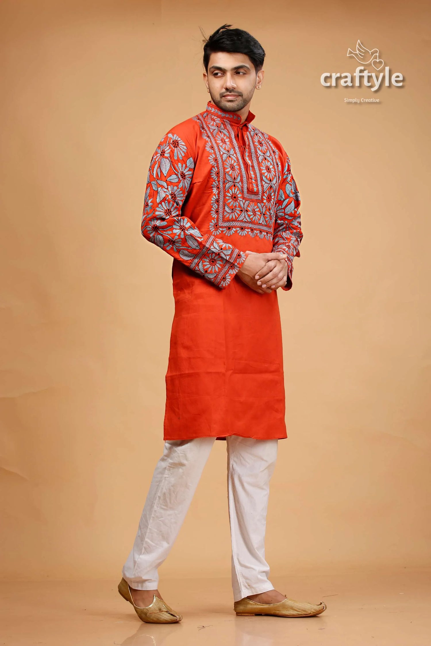 Vermilion hand kantha work cotton ethnic punjabi for men vibrant orange kurta intricate red 4