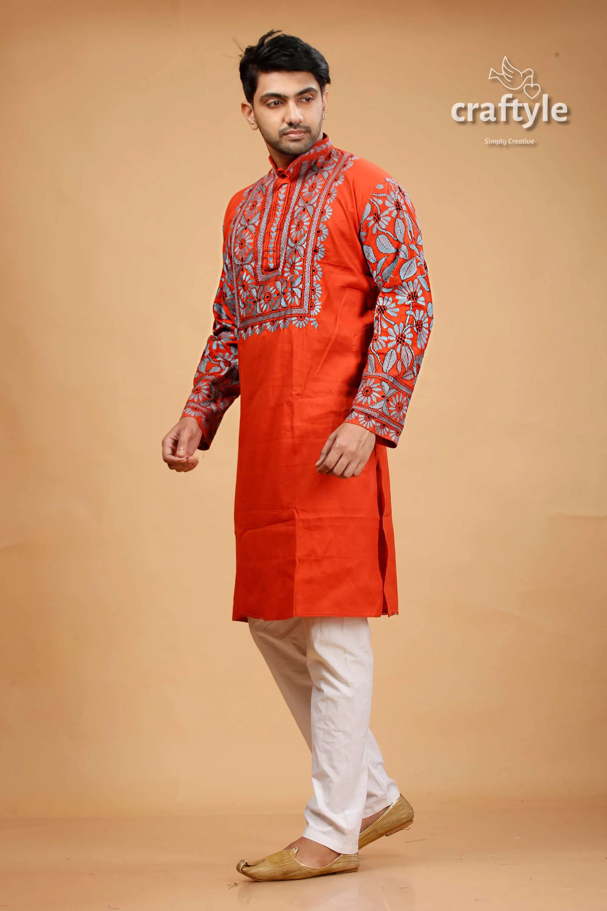 Vermilion hand kantha work cotton ethnic punjabi for men vibrant orange kurta intricate 3