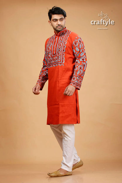 Vermilion hand kantha work cotton ethnic punjabi for men vibrant orange kurta intricate 3