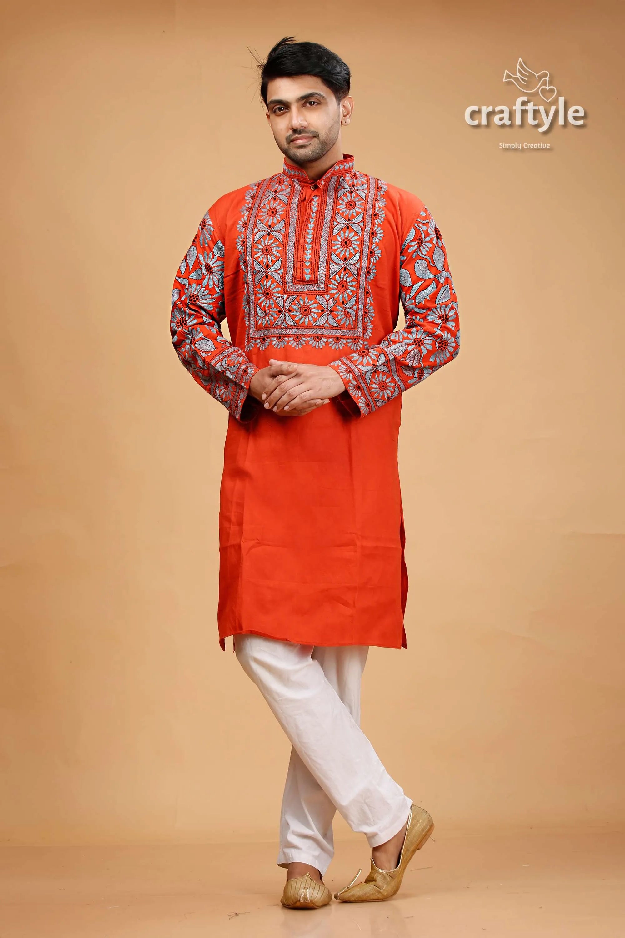 Vermilion hand kantha work cotton ethnic punjabi for men vibrant orange kurta intricate red 1