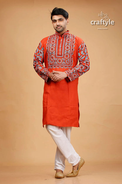 Vermilion hand kantha work cotton ethnic punjabi for men vibrant orange kurta intricate red 1