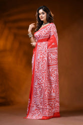 Vermilion red kantha work saree with handmade floral motif in silk 3