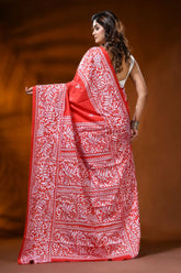 Vermilion red kantha work saree with handmade floral motif in silk 5