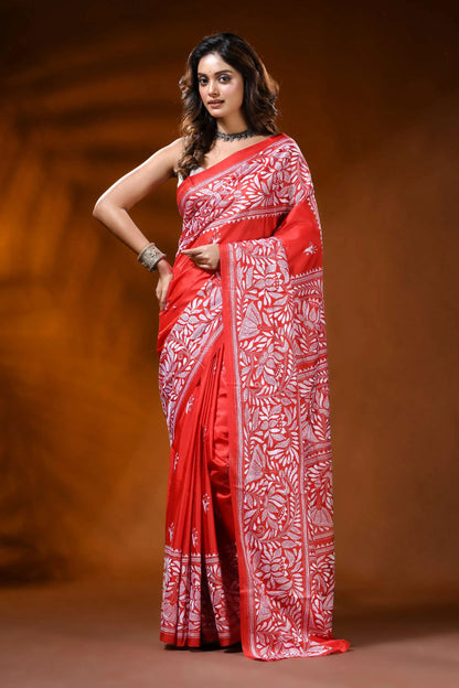 Vermilion red kantha work saree with handmade floral motif in silk 6