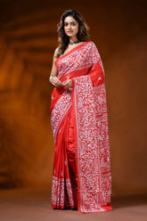 Vermilion red kantha work saree with handmade floral motif in silk 1
