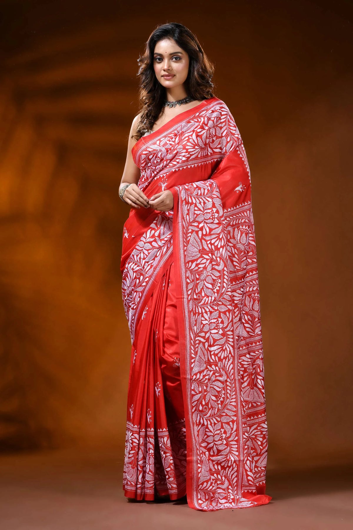 Vermilion red kantha work saree with handmade floral motif in silk 1