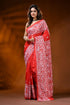 Vermilion red kantha work saree with handmade floral motif in silk 1