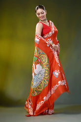 Vermilion red kantha work silk saree with handmade swan motif 4