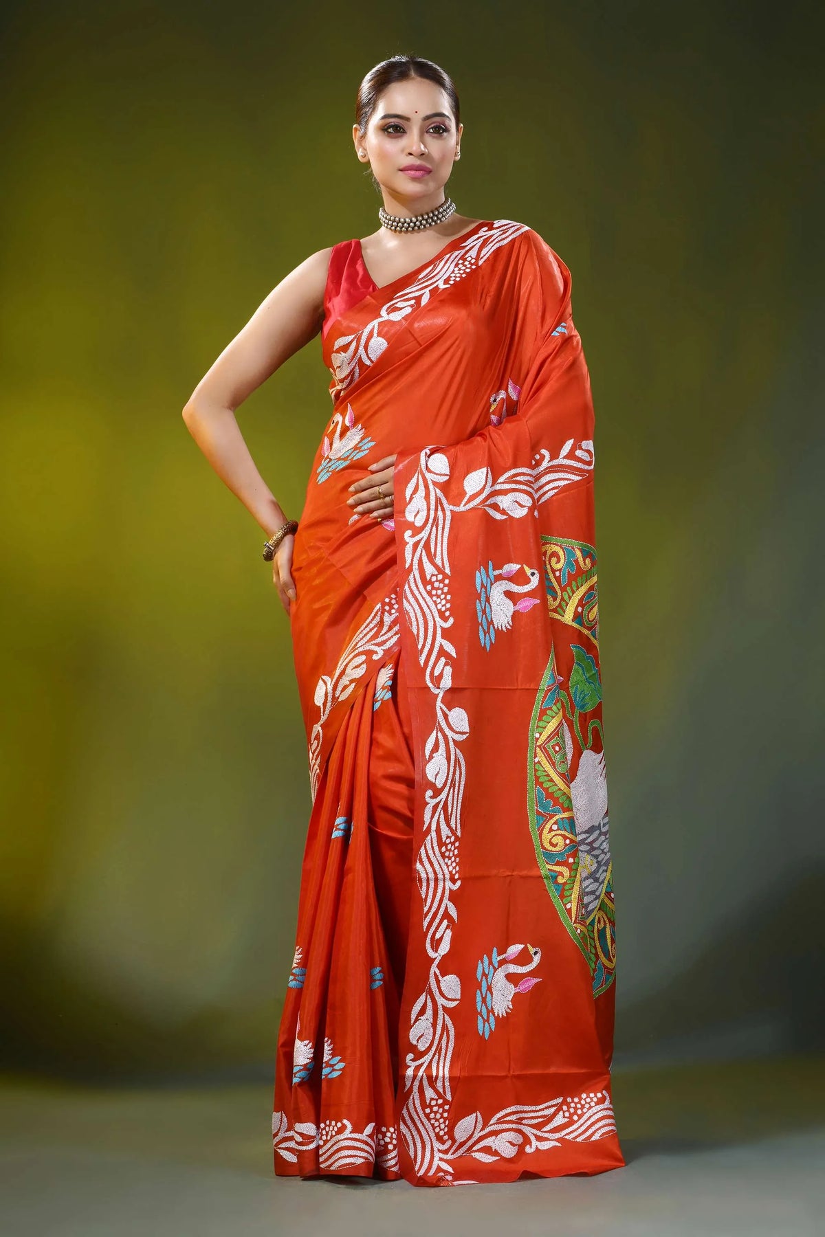 Vermilion red kantha work silk saree with handmade swan motif 7