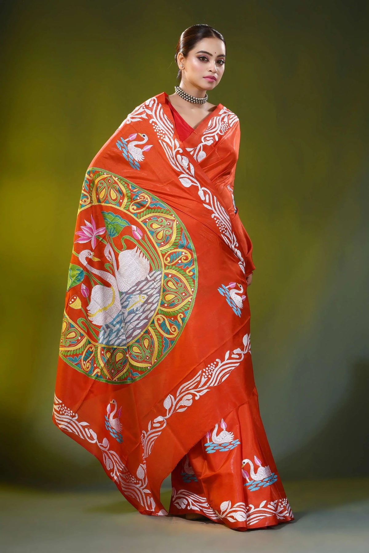Vermilion red kantha work silk saree with handmade swan motif 5