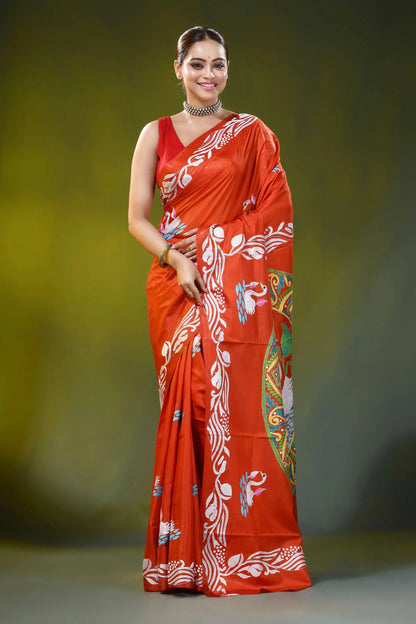 Vermilion red kantha work silk saree with handmade swan motif 1