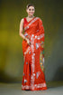 Vermilion red kantha work silk saree with handmade swan motif 1