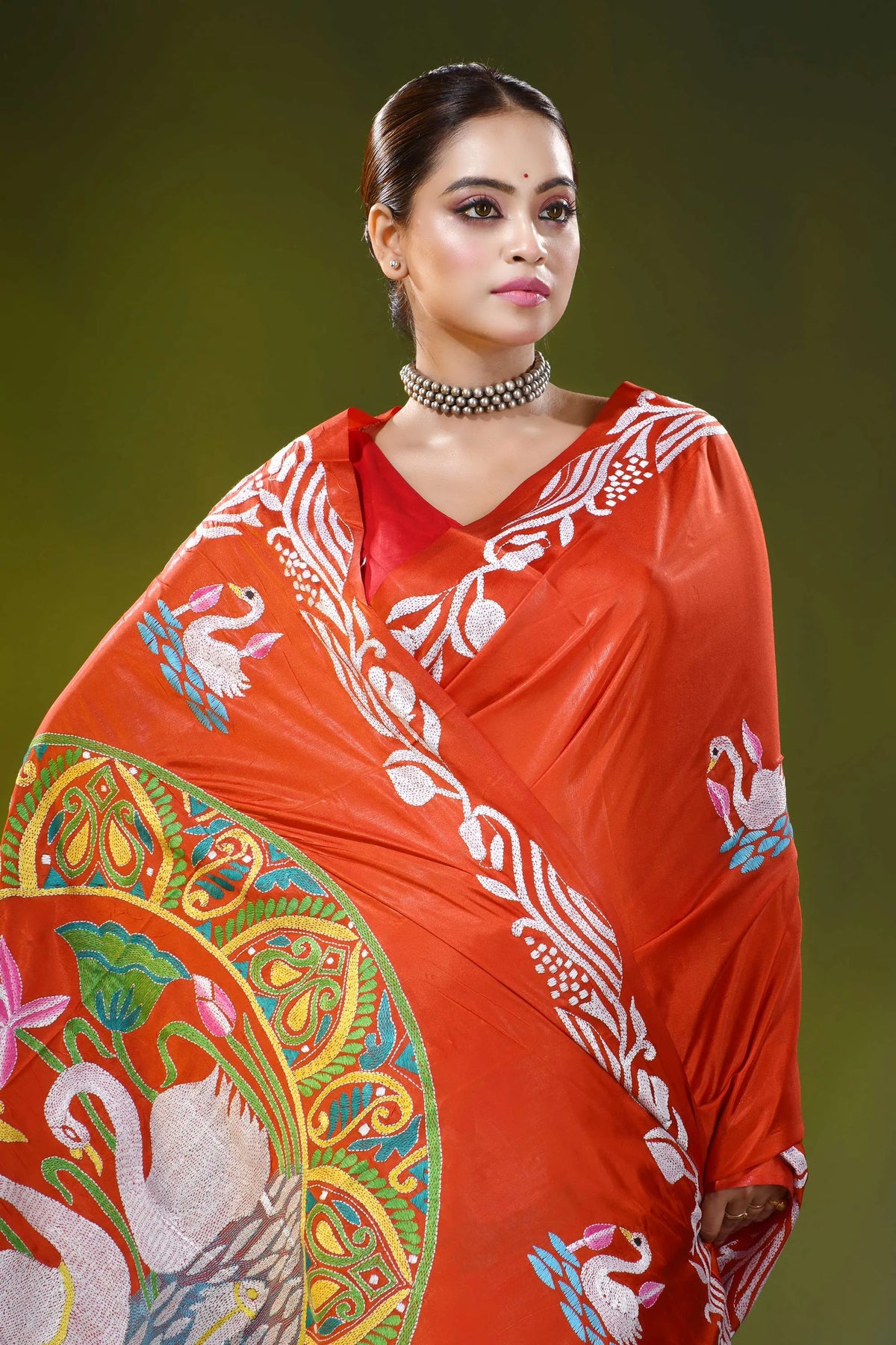 Vermilion red kantha work silk saree with handmade swan motif 2