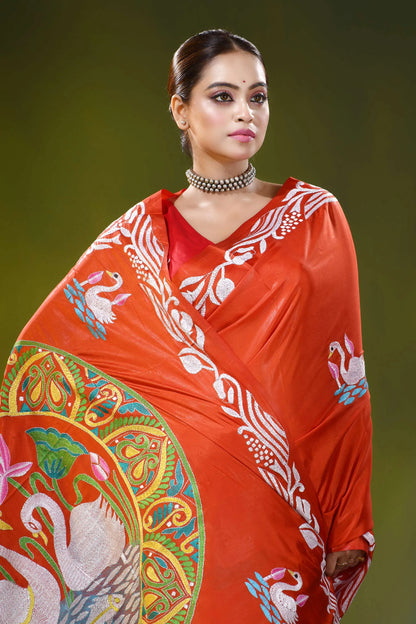 Vermilion red kantha work silk saree with handmade swan motif 2