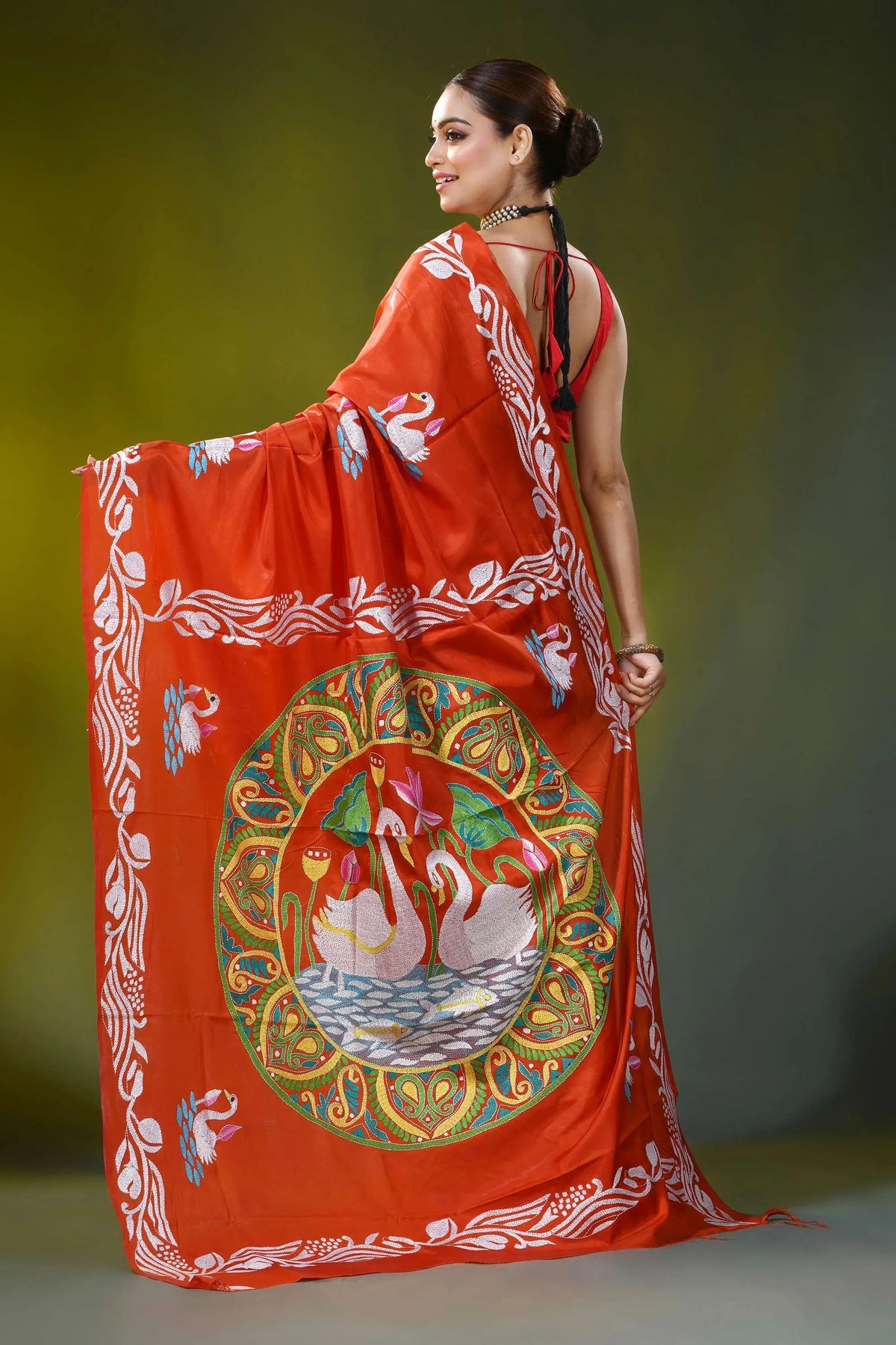 Vermilion red kantha work silk saree with handmade swan motif 6