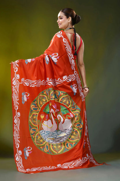 Vermilion red kantha work silk saree with handmade swan motif 6