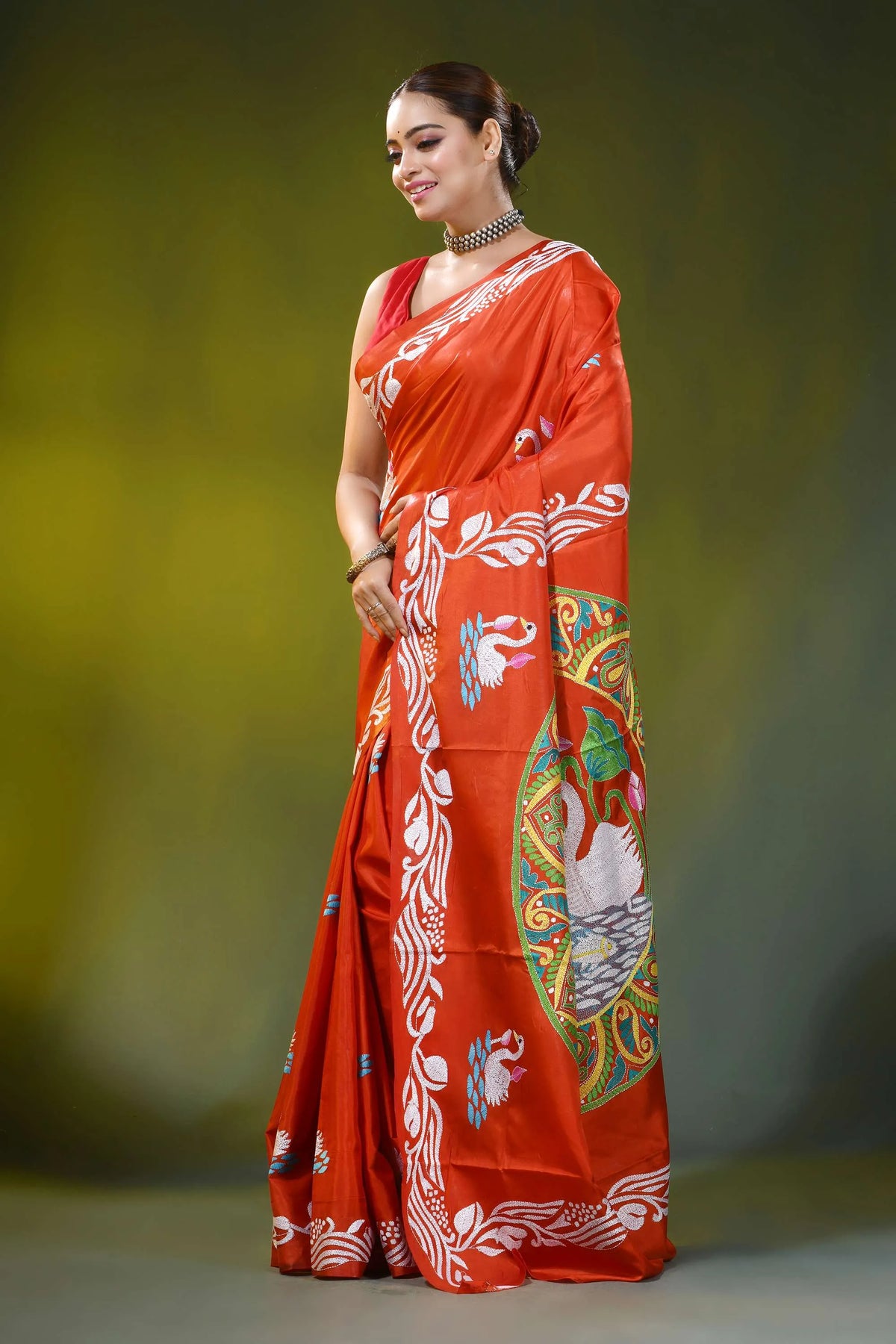 Vermilion red kantha work silk saree with handmade swan motif 3