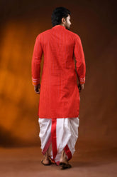 Vermilion red pure cotton printed punjabi for men with stripe design 5