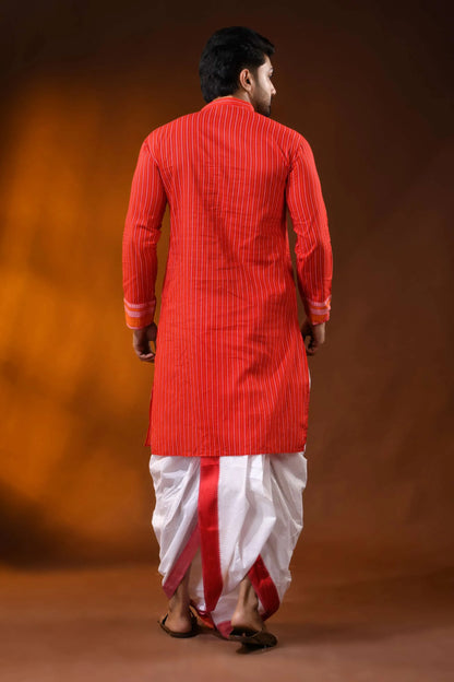 Vermilion red pure cotton printed punjabi for men with stripe design 5