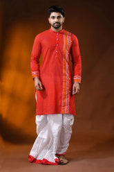 Vermilion red pure cotton printed punjabi for men with stripe design 1