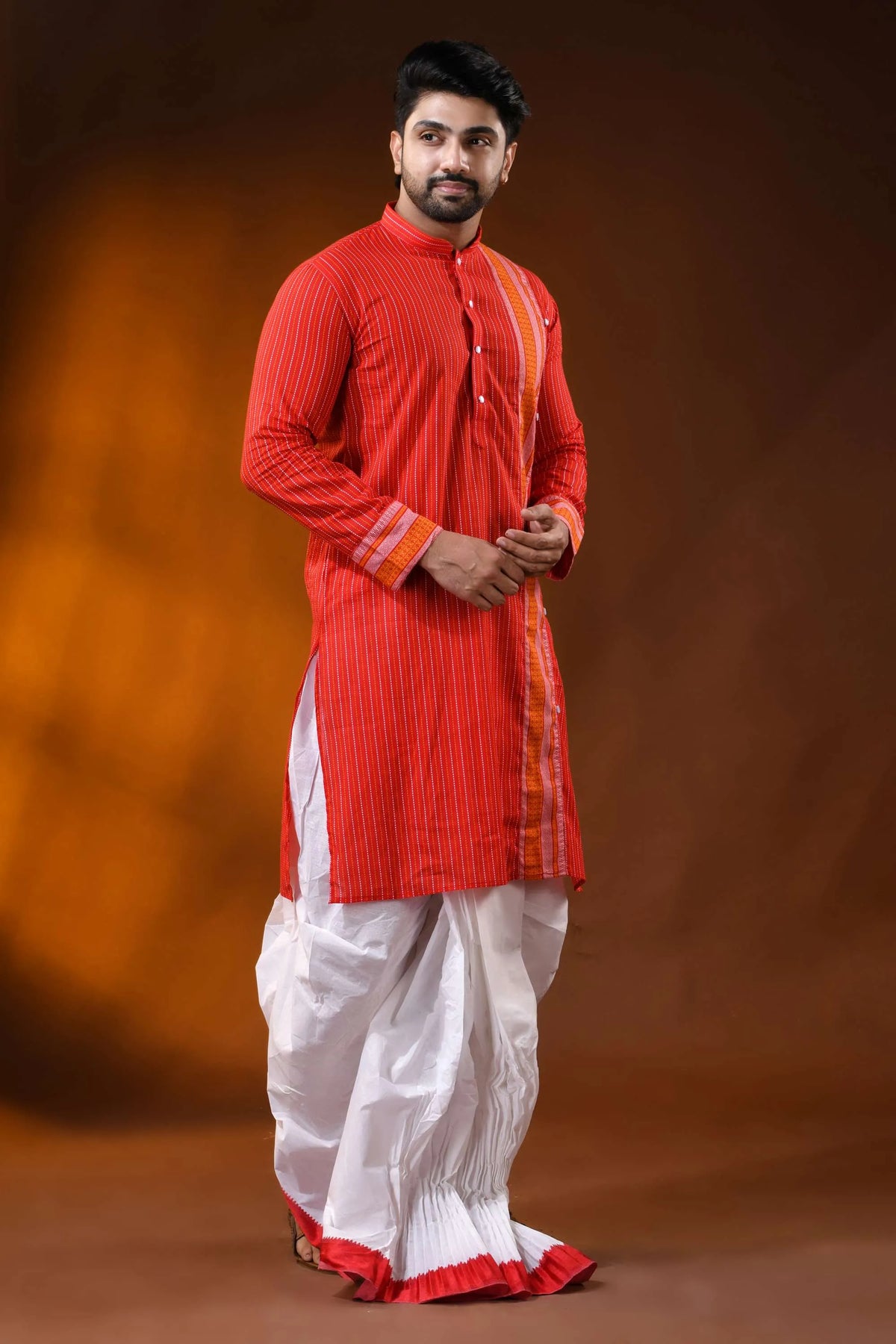 Vermilion red pure cotton printed punjabi for men with stripe design 4