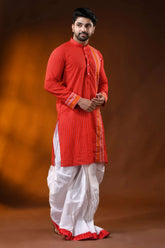 Vermilion red pure cotton printed punjabi for men with stripe design 4