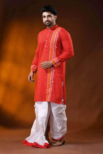 Vermilion red pure cotton printed punjabi for men with stripe design 3