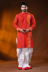 Vermilion red pure cotton printed punjabi for men with stripe design 6
