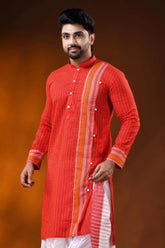 Vermilion red pure cotton printed punjabi for men with stripe design 2